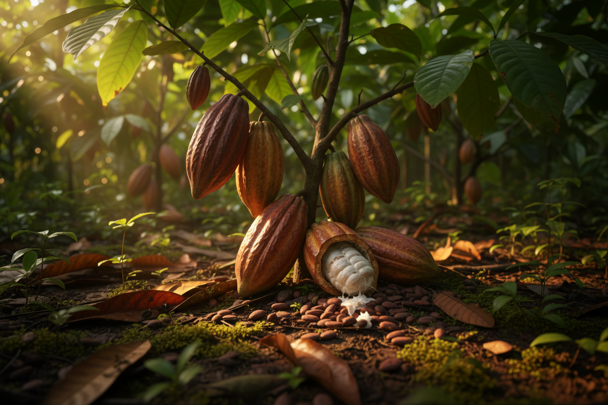 A highly realistic photograph of cocoa pods and cocoa beans arranged naturally in a lush tropical forest. Sunlight filtering through dense green foliage, soft shadows on the forest floor, rich earthy tones, moist soil, moss, and fallen leaves. Ultra-detailed textures on the cocoa pods, natural color grading, shallow depth of field, cinematic lighting, 8K realism, professional photography style.